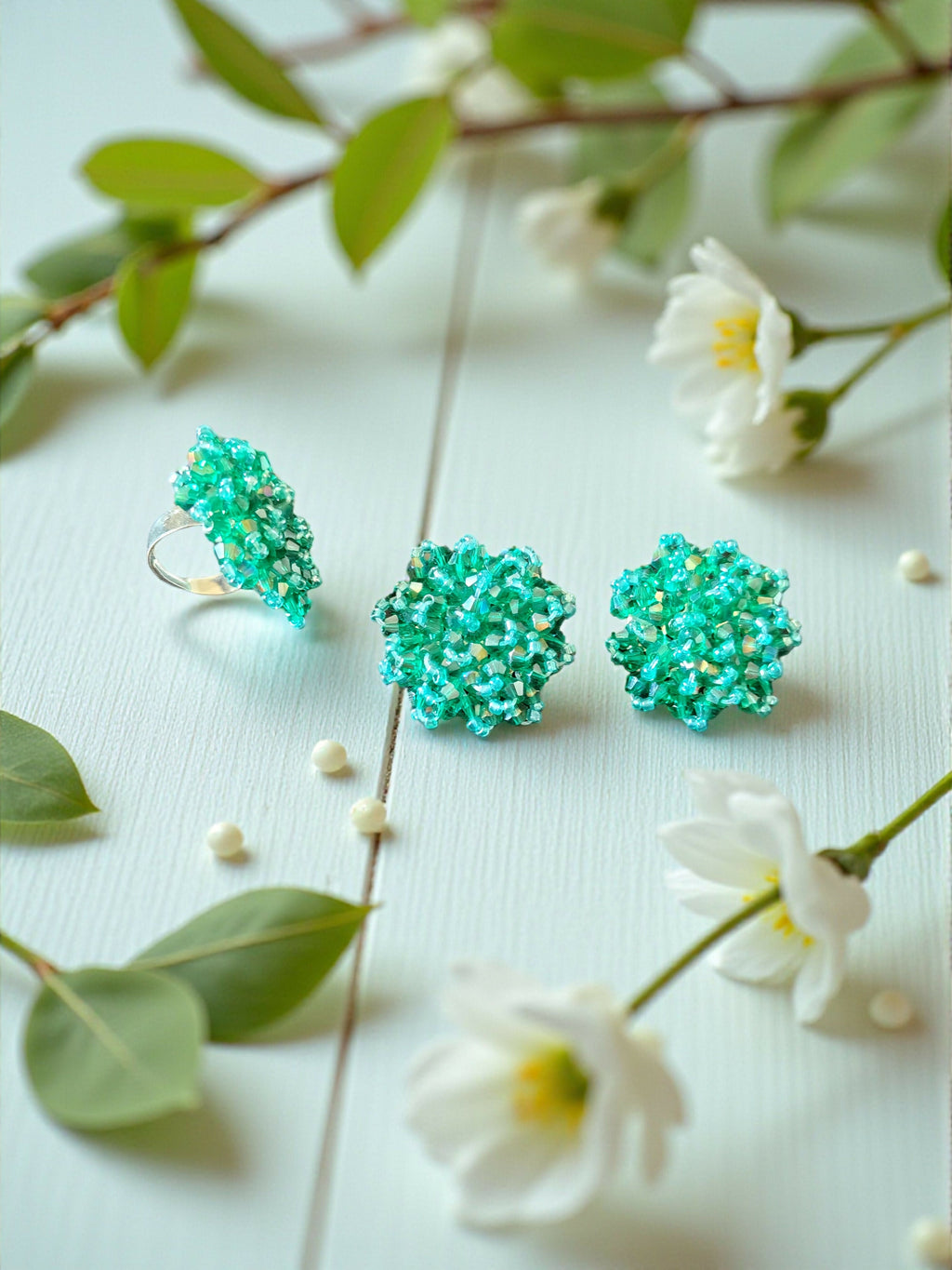 Inhanns Rangmani Crystal Duo – Adjustable Ring + Statement Earrings Set - Sea Green - Distacart