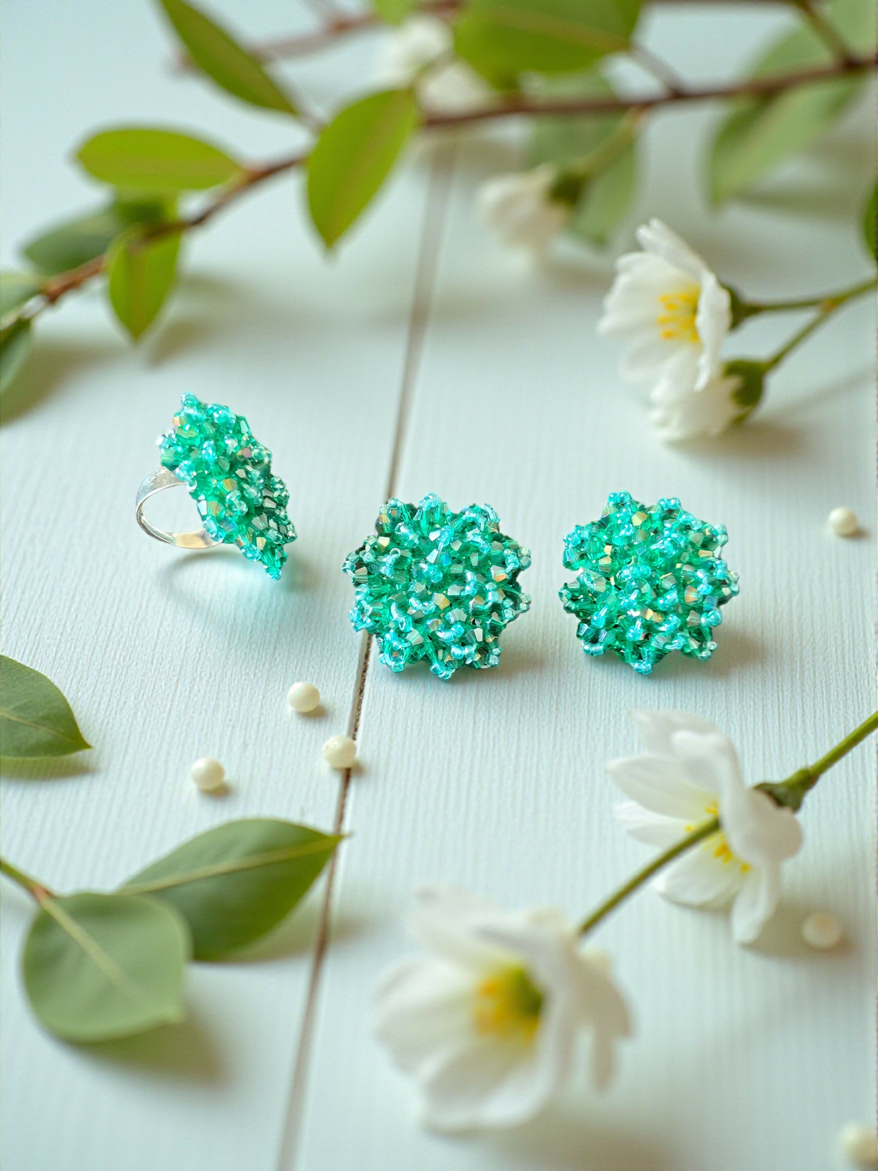 Inhanns Rangmani Crystal Duo – Adjustable Ring + Statement Earrings Set - Sea Green - Distacart
