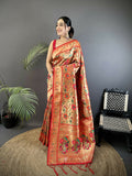 Joban Fashion Light Orange Floral  & Peacock Motifs Soft Silk Paithani Saree - Distacart