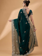 Teal Silk Embroidered Saree with Unstitched Blouse Piece - Satya