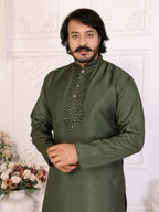 Anaita Mehndi Silk Straight Kurta With Neck Mirror Work