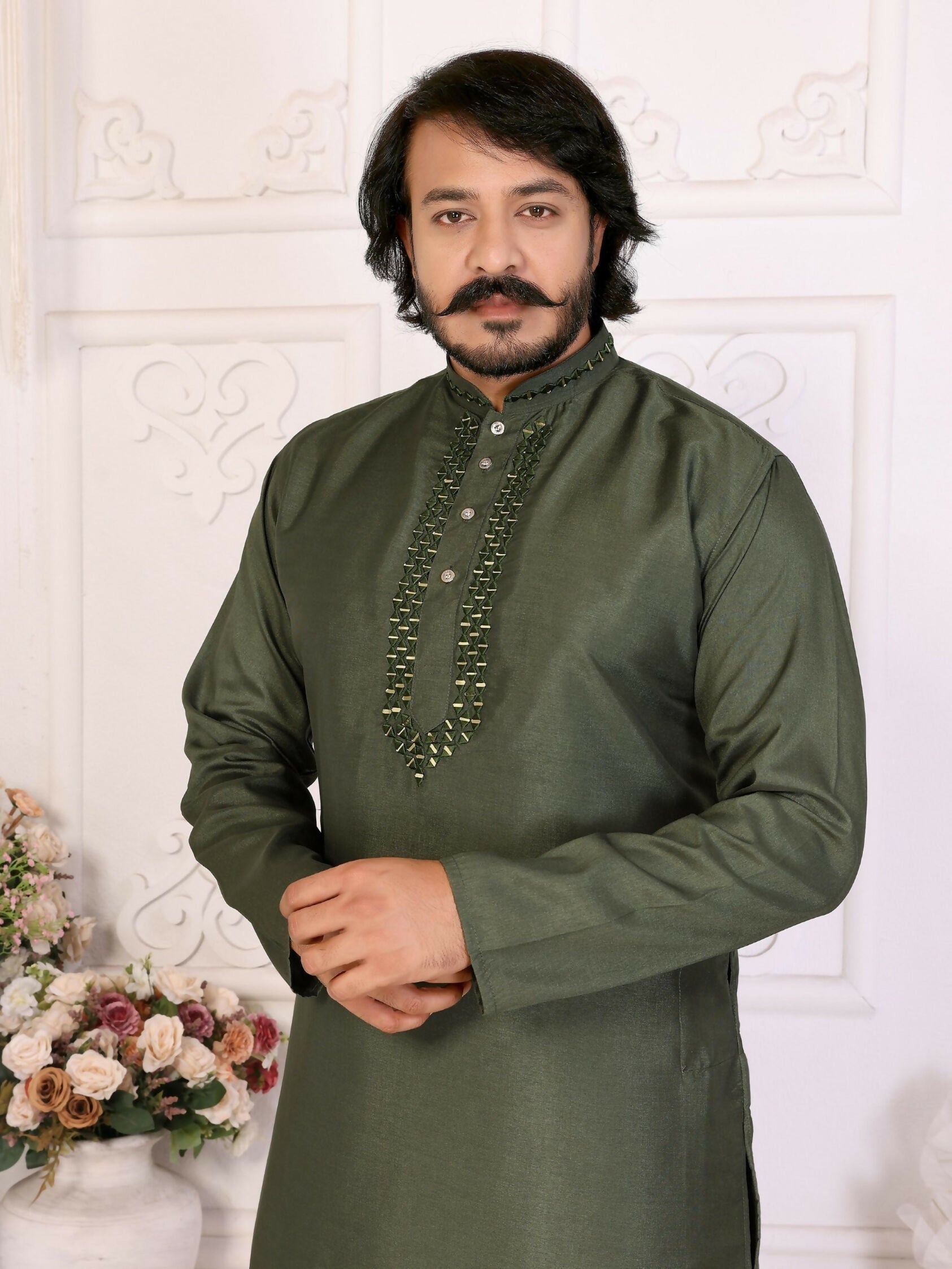 Anaita Mehndi Silk Straight Kurta With Neck Mirror Work