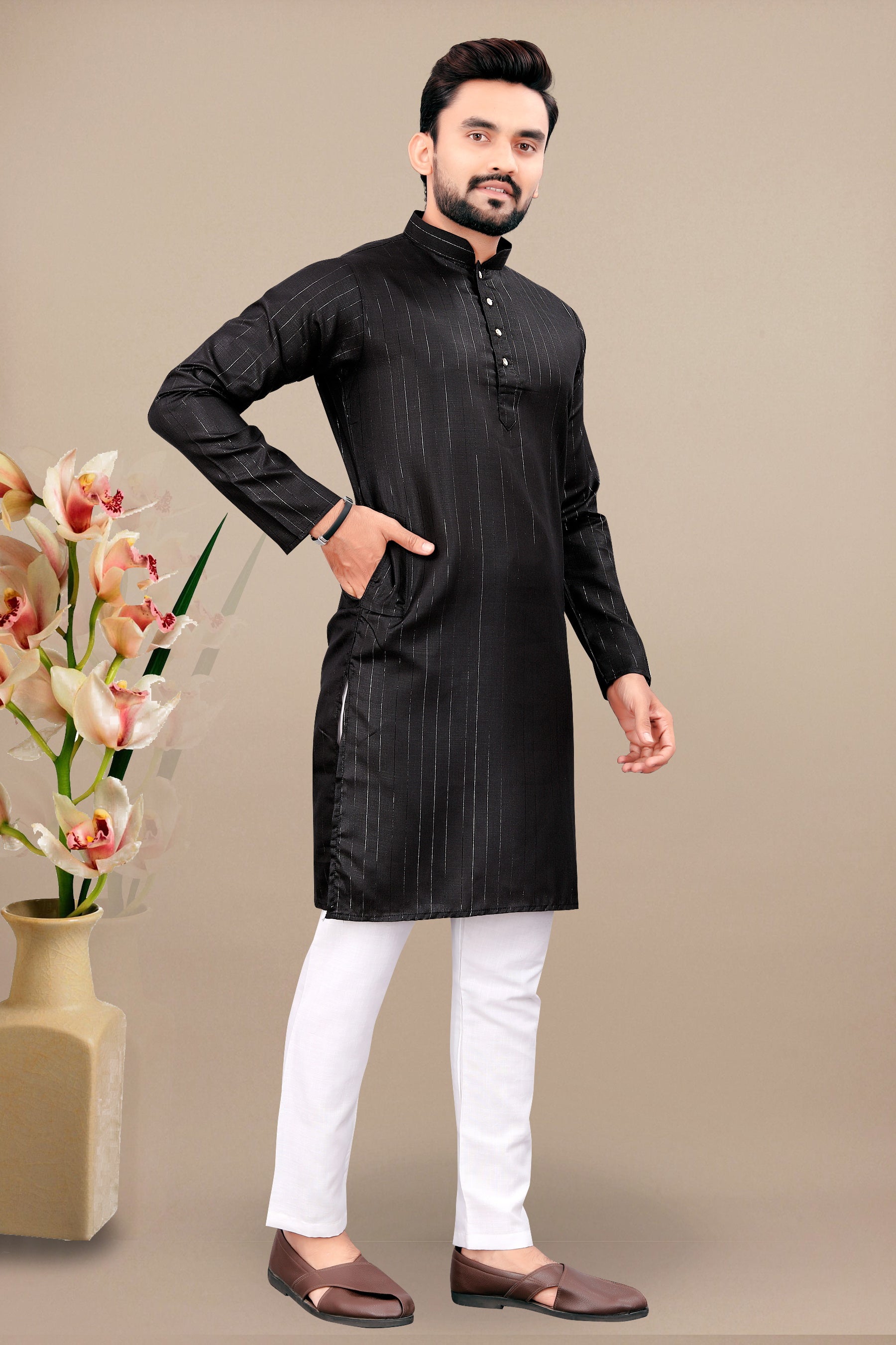 Neera Trendz Black Cotton Blend Lining Work Men's Kurta With Pyjama