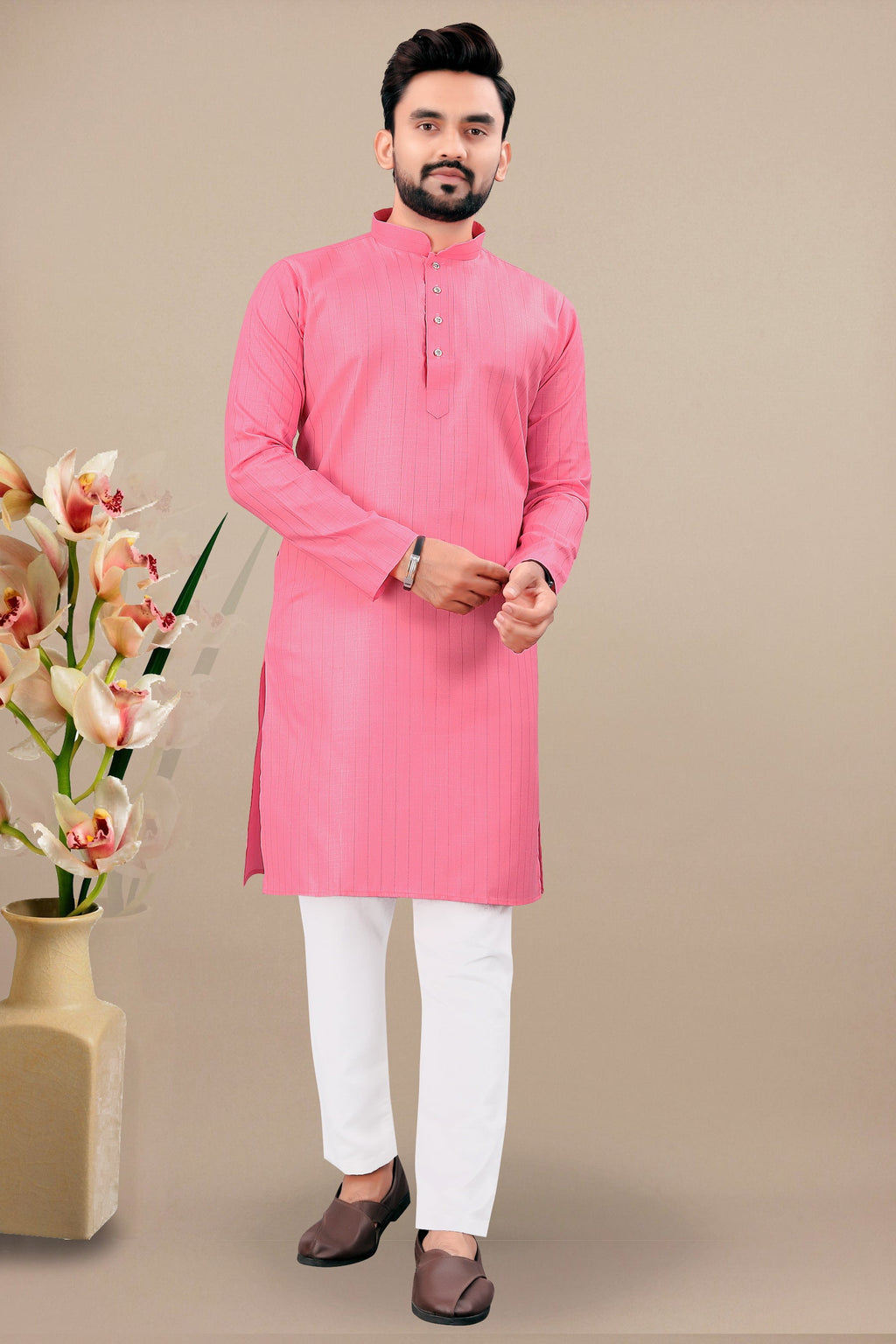 Neera Trendz Pink Cotton Blend Lining Work Men's Kurta With Pyjama