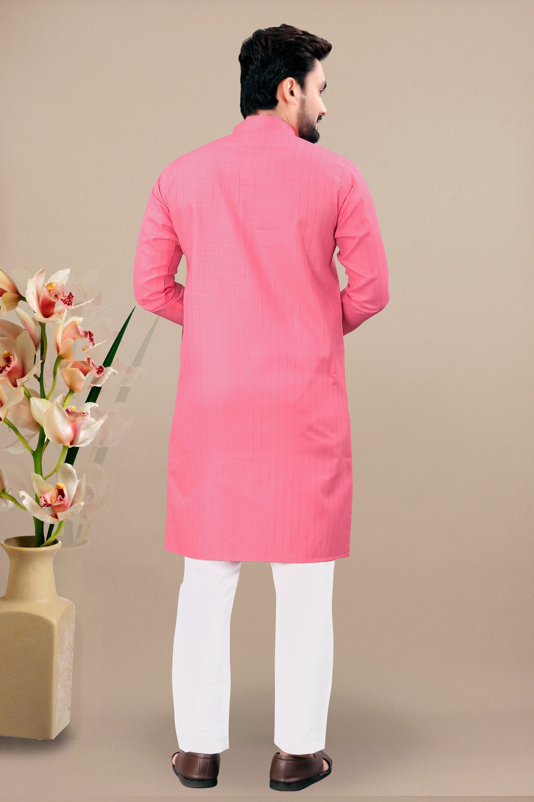 Neera Trendz Pink Cotton Blend Lining Work Men's Kurta With Pyjama