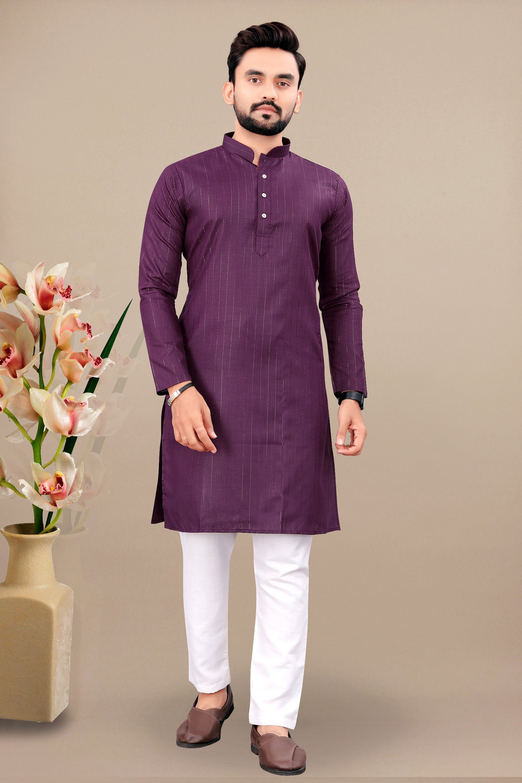 Neera Trendz Wine Cotton Blend Lining Work Men's Kurta With Pyjama