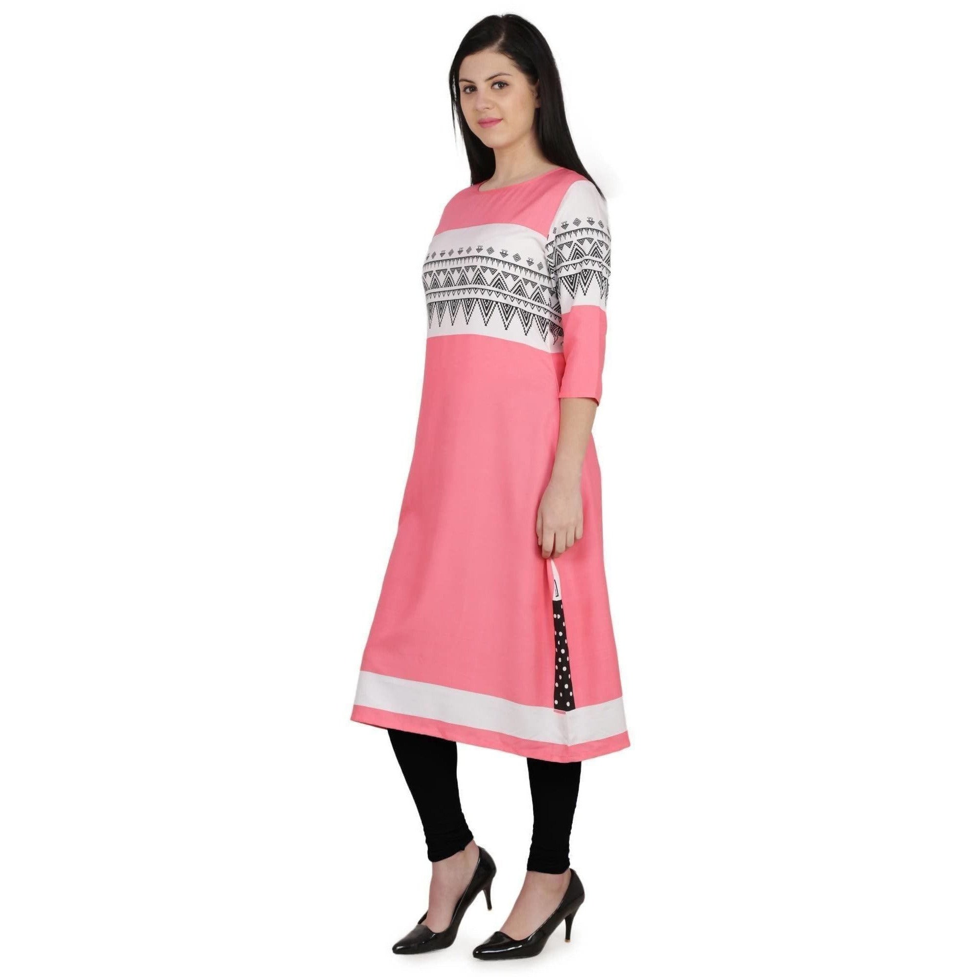 Kanoor Women's pink A Line Round Neck kurti