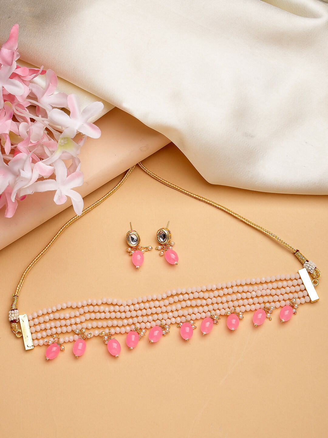 NVR Women's Pink Artificial Beads Layered Necklace with Drop Earring