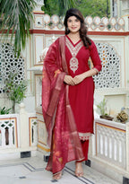 Miravan Women's Embroidered Pure Silk Red Kurta with Palazzo and Dupatta