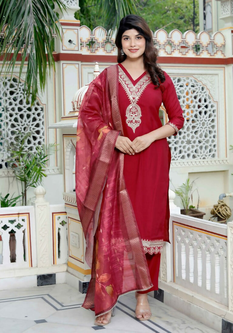 Miravan Women's Embroidered Pure Silk Red Kurta with Palazzo and Dupatta