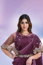 Wine Crepe satin silk Texture with Cord & Sequence Embroidered and Stone work Saree - Mohmanthan Majestica