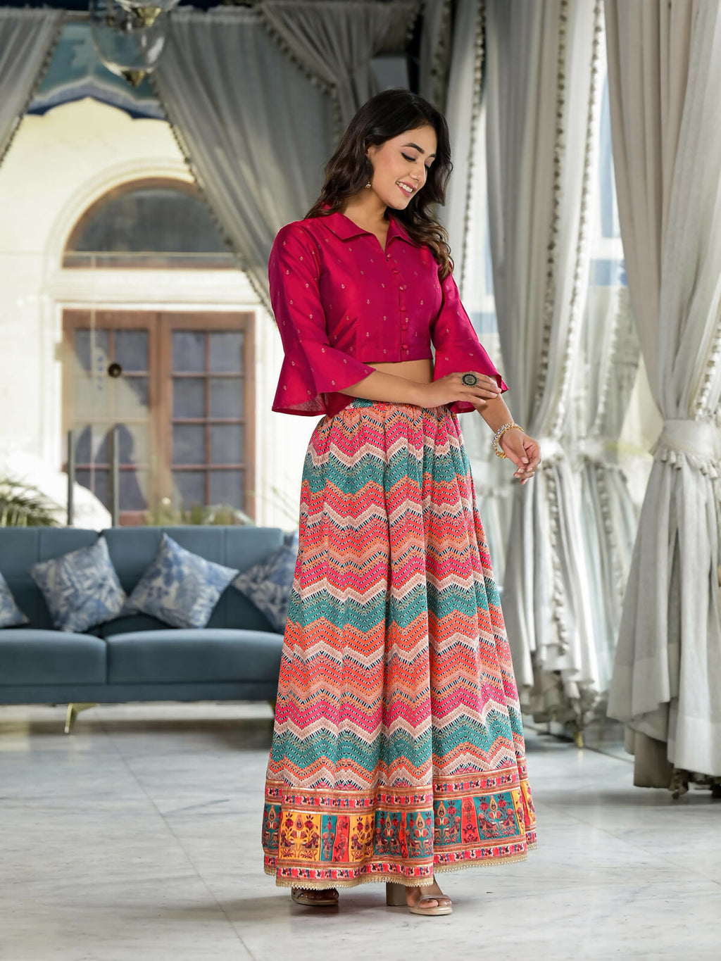 Juniper Women's Multi Ethnic Motif Printed Cotton Crop Top And Skirt With Lace & Button Detail