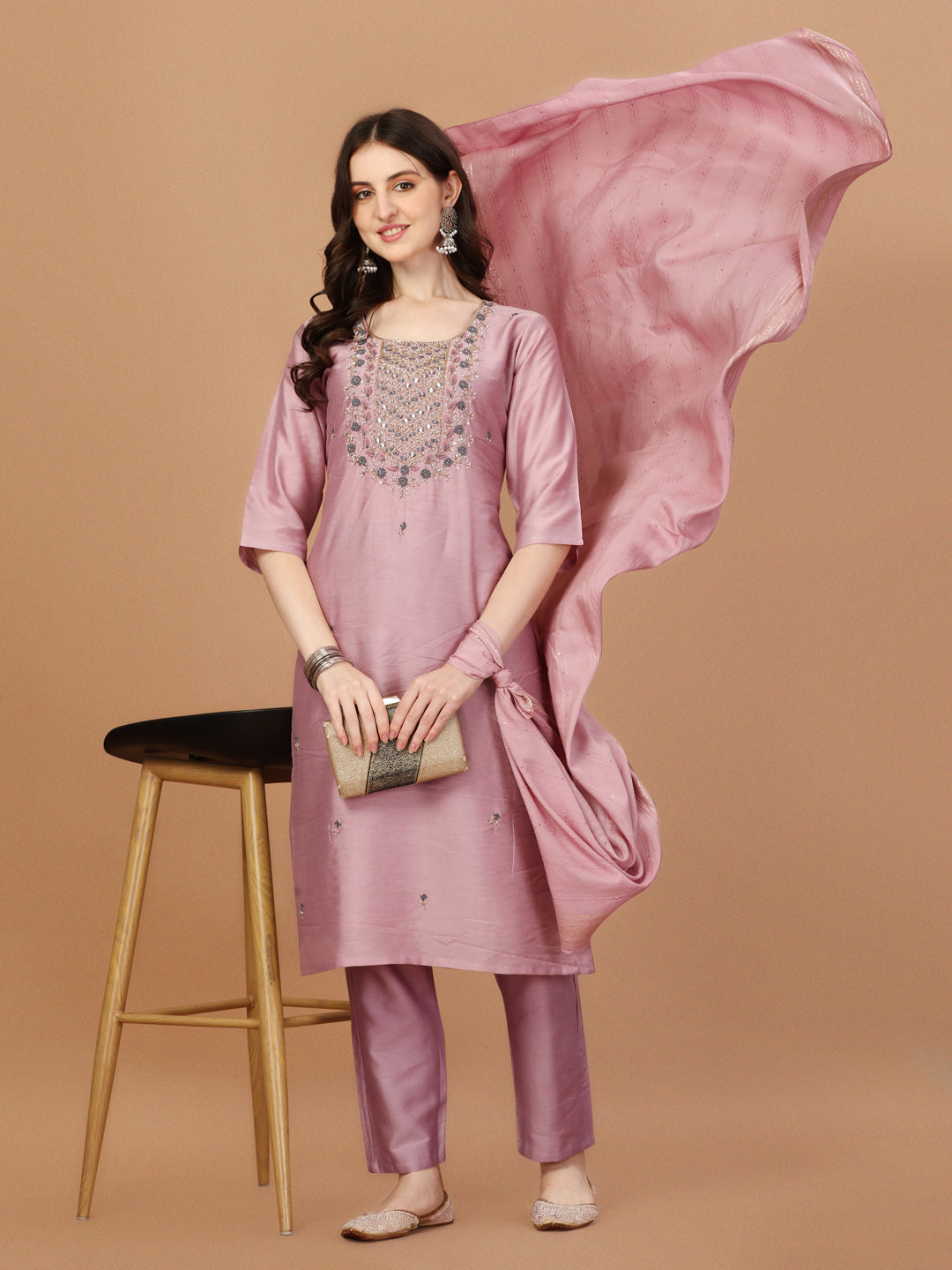 Embroidered Kurta With Pant And Dupatta Set, Multicolor - Hiral Fashion