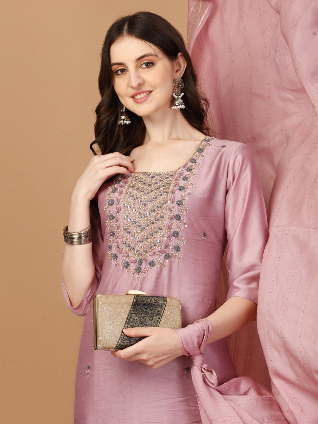 Embroidered Kurta With Pant And Dupatta Set, Multicolor - Hiral Fashion