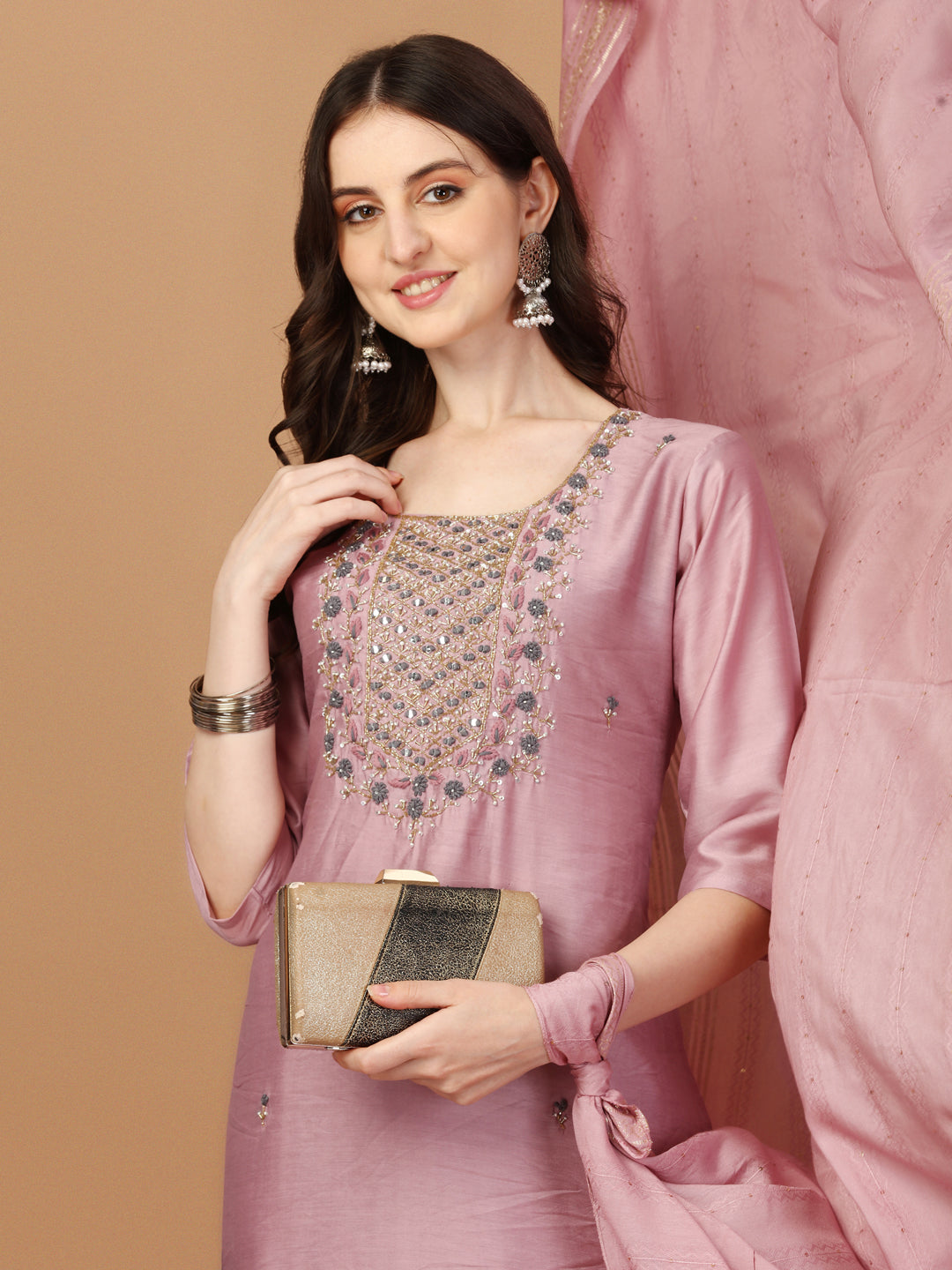 Embroidered Kurta With Pant And Dupatta Set, Multicolor - Hiral Fashion