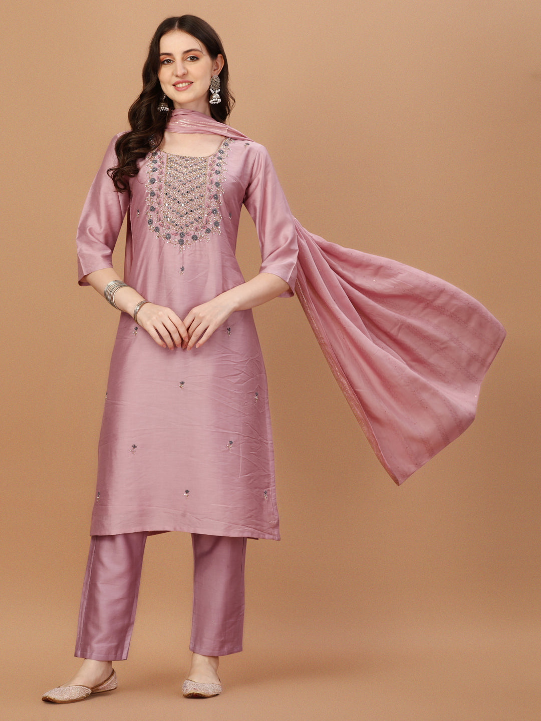 Embroidered Kurta With Pant And Dupatta Set, Multicolor - Hiral Fashion
