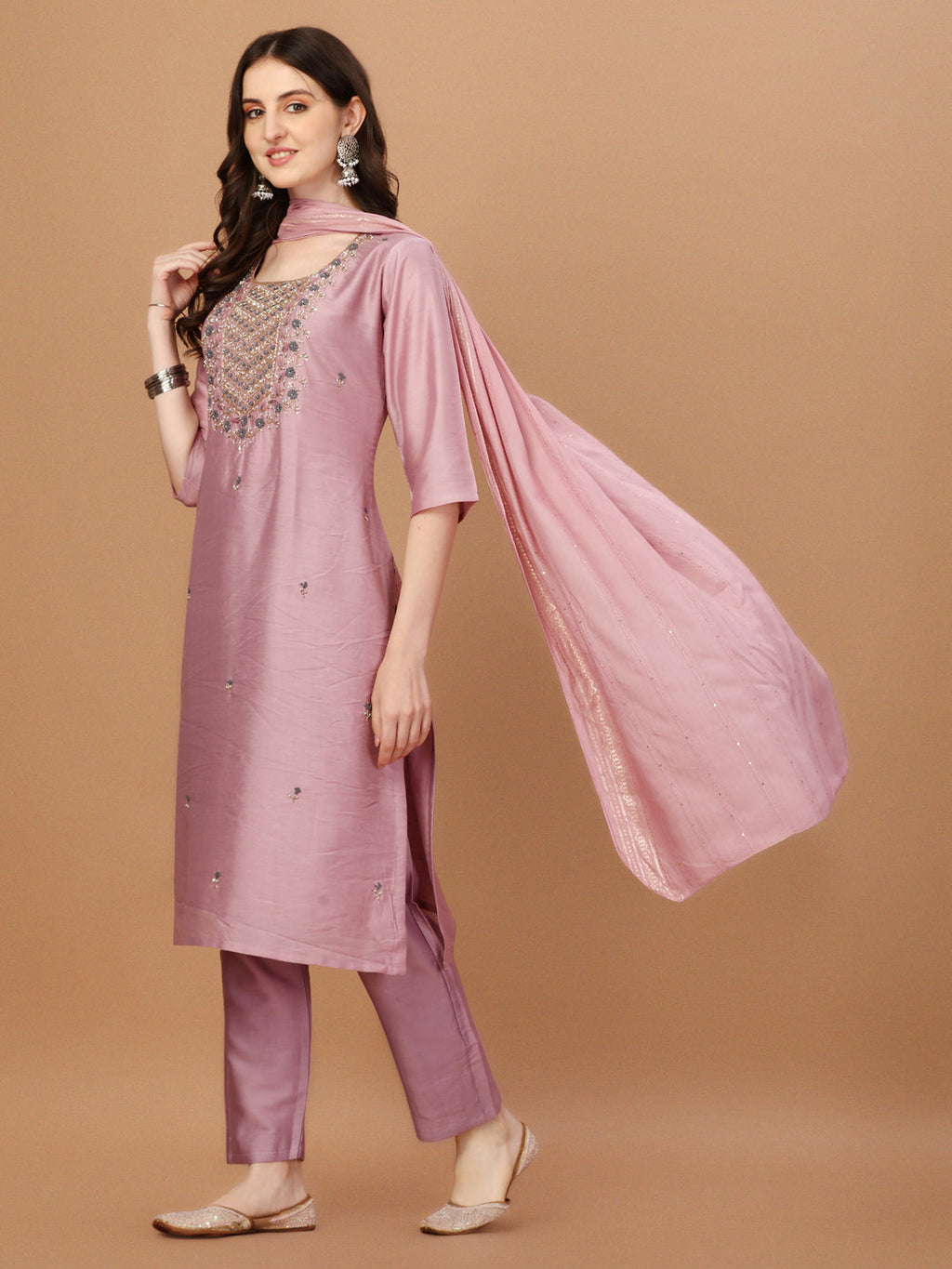 Embroidered Kurta With Pant And Dupatta Set, Multicolor - Hiral Fashion
