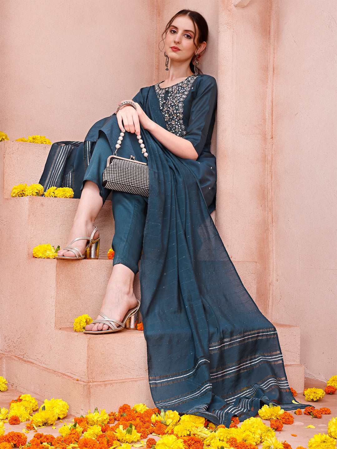 Hand Embroidered Kurta With Pant And Dupatta Set, Multicolor - Hiral Fashion - Distacart