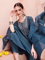 Hand Embroidered Kurta With Pant And Dupatta Set, Multicolor - Hiral Fashion - Distacart