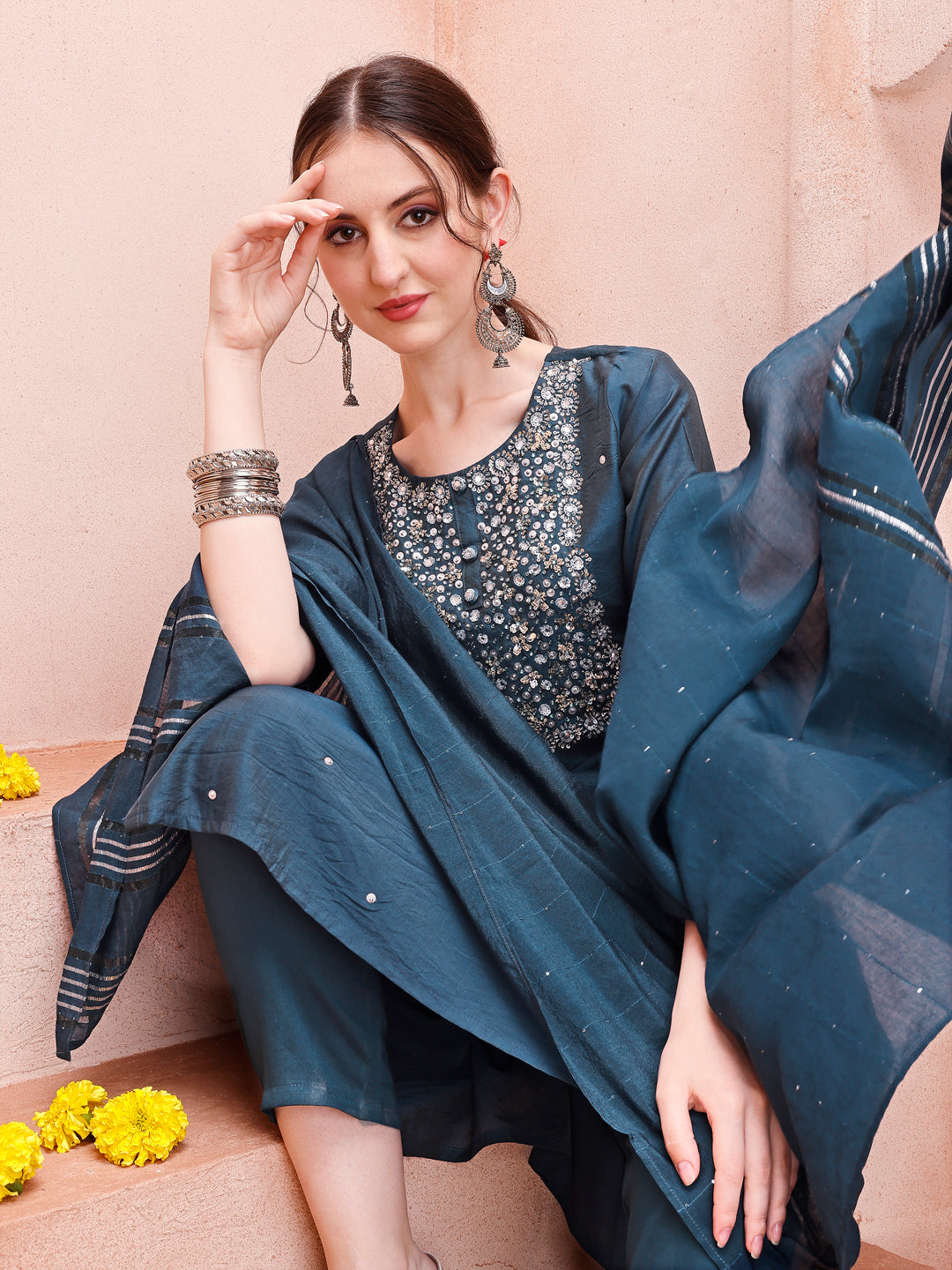 Hand Embroidered Kurta With Pant And Dupatta Set, Multicolor - Hiral Fashion - Distacart