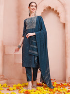 Hand Embroidered Kurta With Pant And Dupatta Set, Multicolor - Hiral Fashion - Distacart