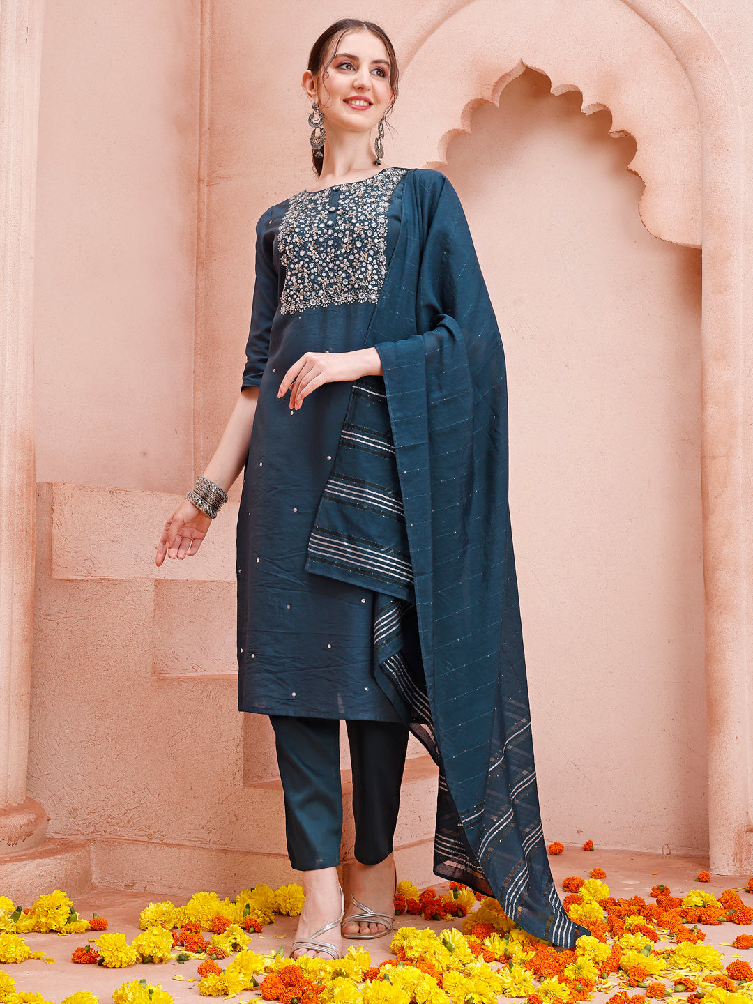 Hand Embroidered Kurta With Pant And Dupatta Set, Multicolor - Hiral Fashion - Distacart