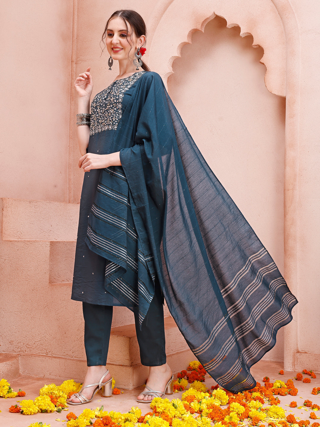 Hand Embroidered Kurta With Pant And Dupatta Set, Multicolor - Hiral Fashion - Distacart