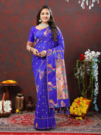 Lorenvalley Fashion Blue Soft Paithani Silk Woven Design Copper Zari Meenakari Weaving Saree