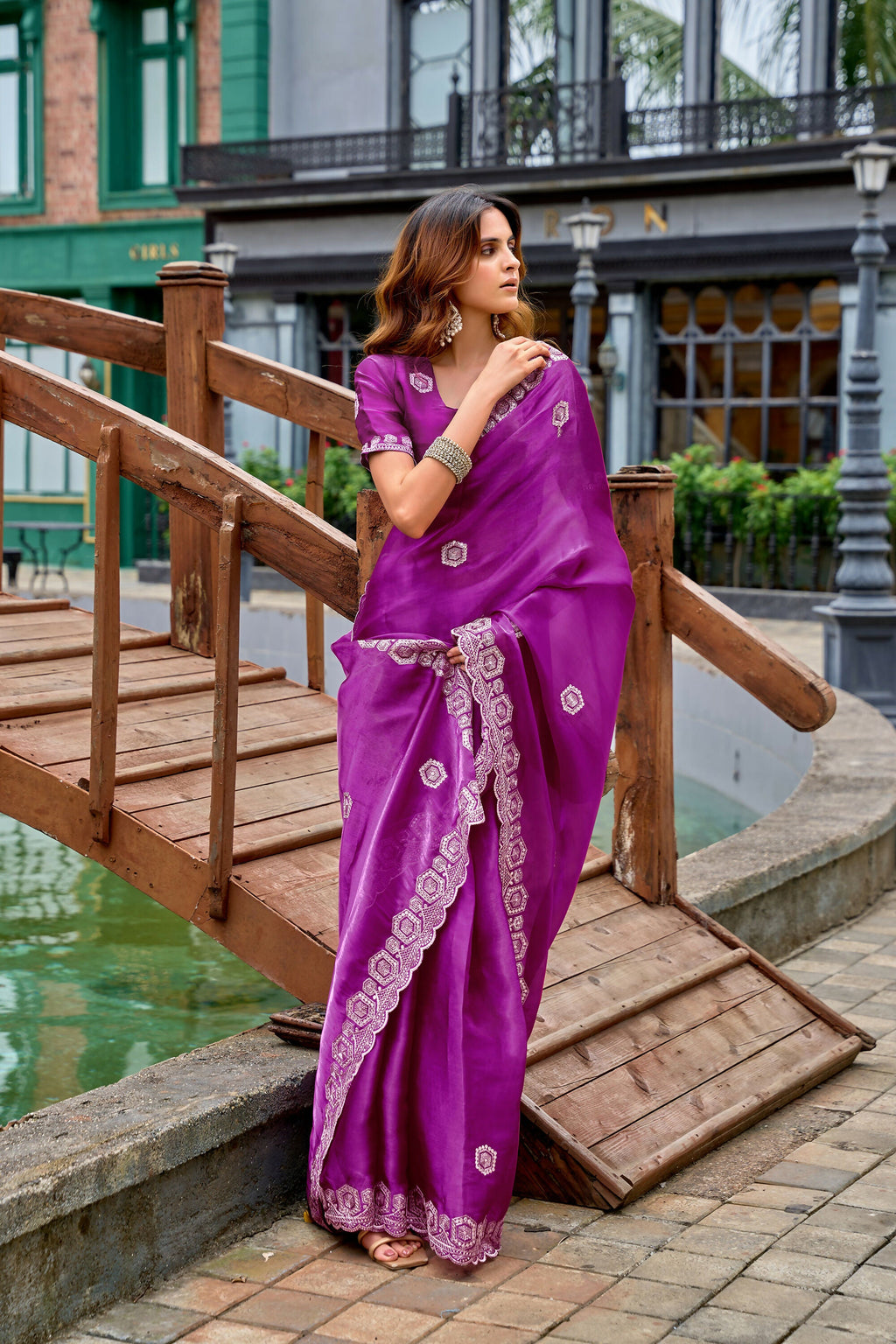 Vastranavya Purple Embroidery Work Shimmer Chiffon Saree with Unstitched Blouse - Distacart