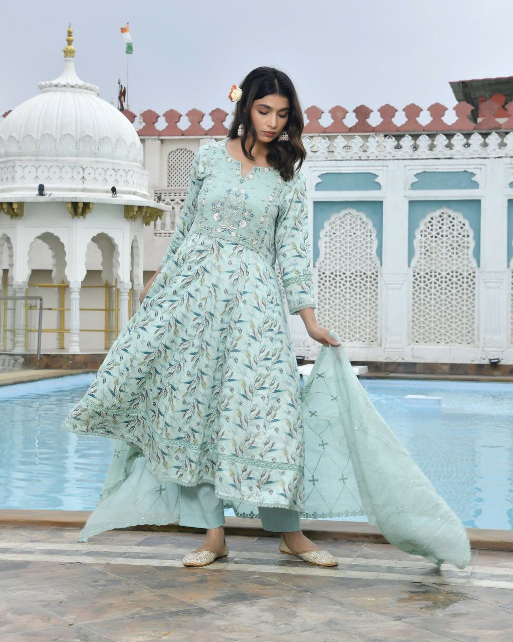 Vaasva Women's Sky Blue Cotton Anarkali Set With Solid Pant And Embroidered Dupatta