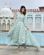 Vaasva Women's Sky Blue Cotton Anarkali Set With Solid Pant And Embroidered Dupatta