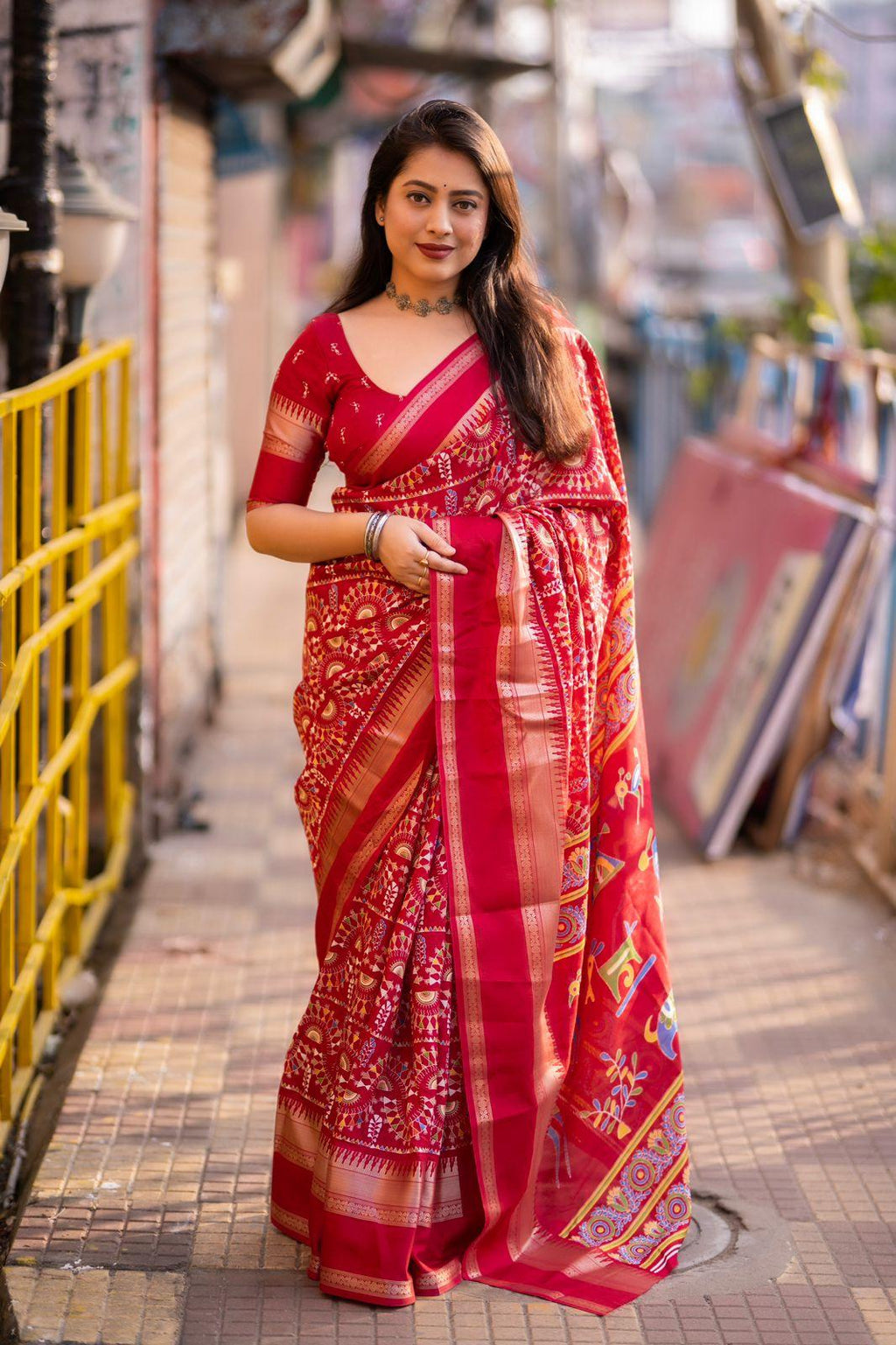 Red Cotton Blend Ethnic Motifs Saree with Unstitched Blouse - A2M - Distacart