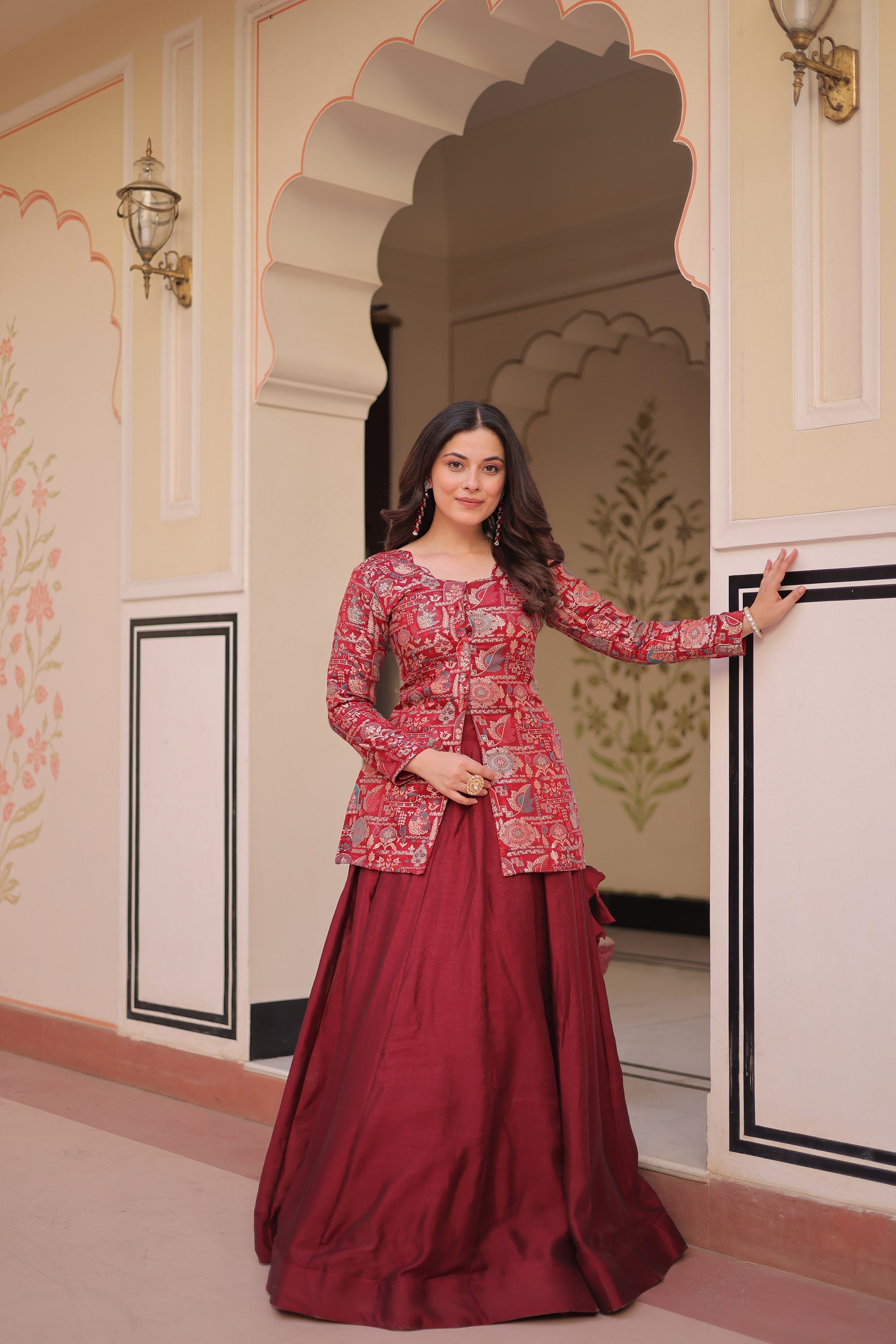 Lorenvalley Fashion Maroon Pure Simmer Vichitra Kali Pattern with Canvas Patta Lehenga Choli