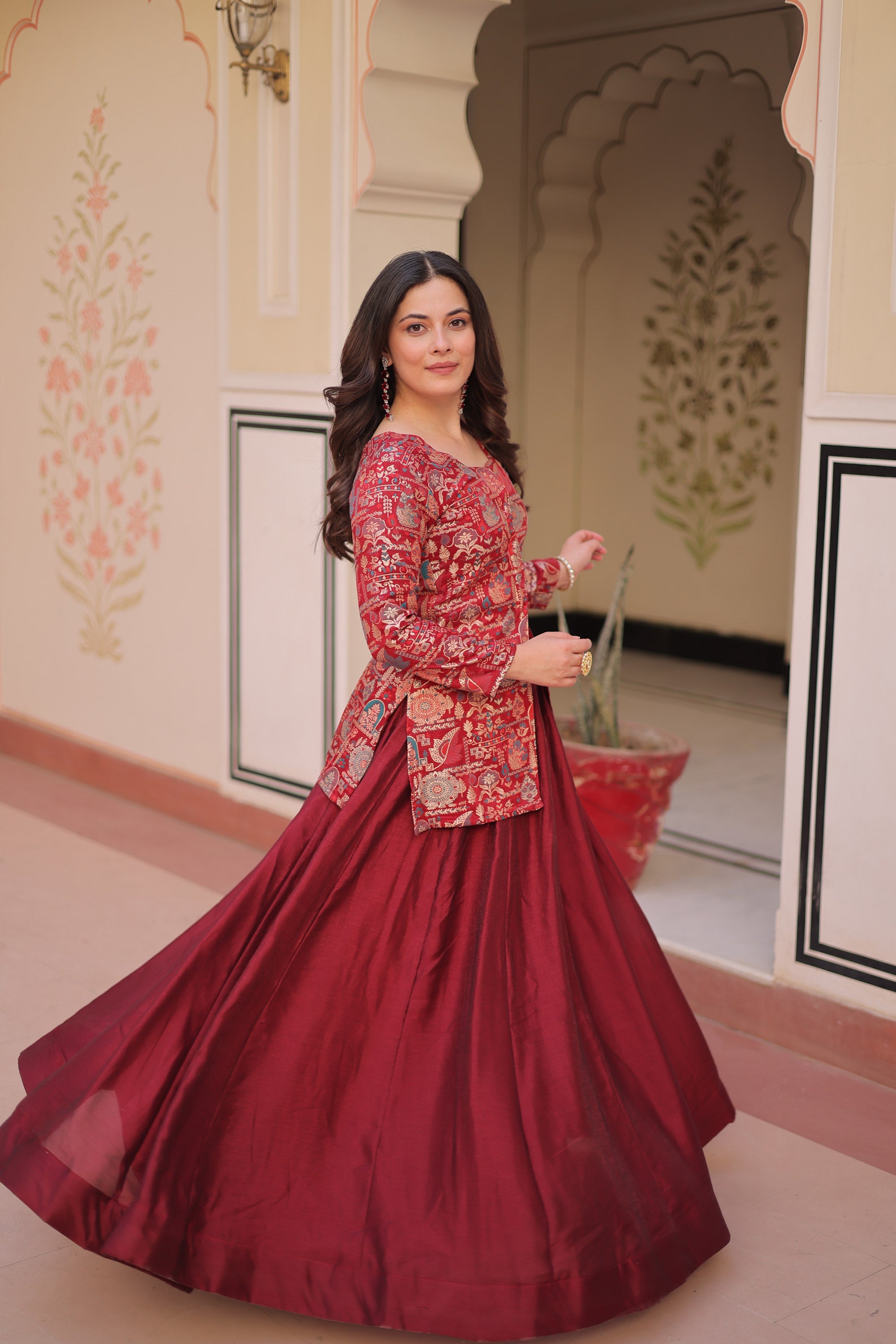 Lorenvalley Fashion Maroon Pure Simmer Vichitra Kali Pattern with Canvas Patta Lehenga Choli