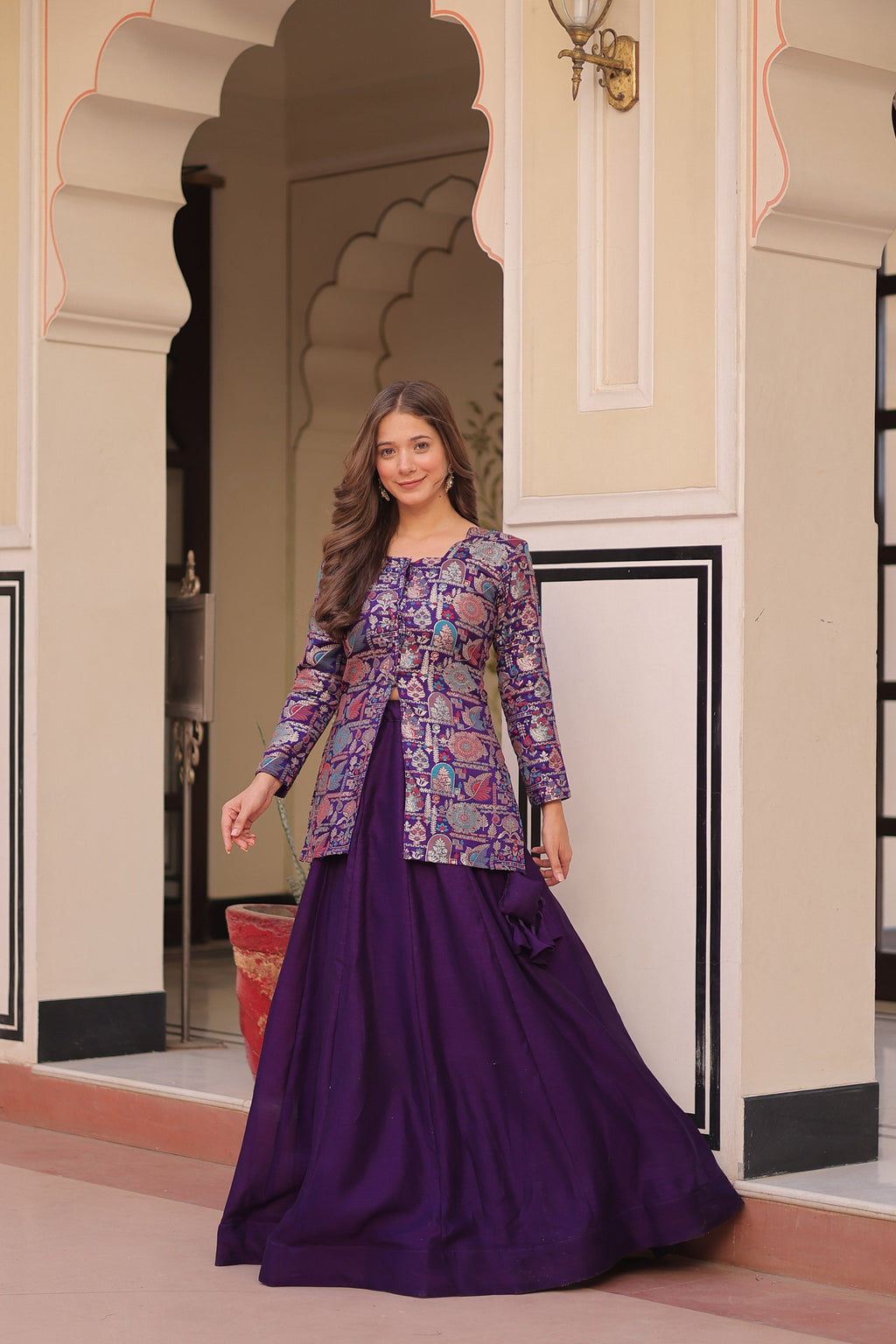 Lorenvalley Fashion Purple Pure Simmer Vichitra Kali Pattern with Canvas Patta Lehenga Choli
