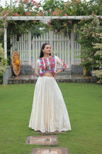 Prazu Fashion Off White Roman Silk Kutchi Gamthi Embroidered Work Lehenga For Navaratri