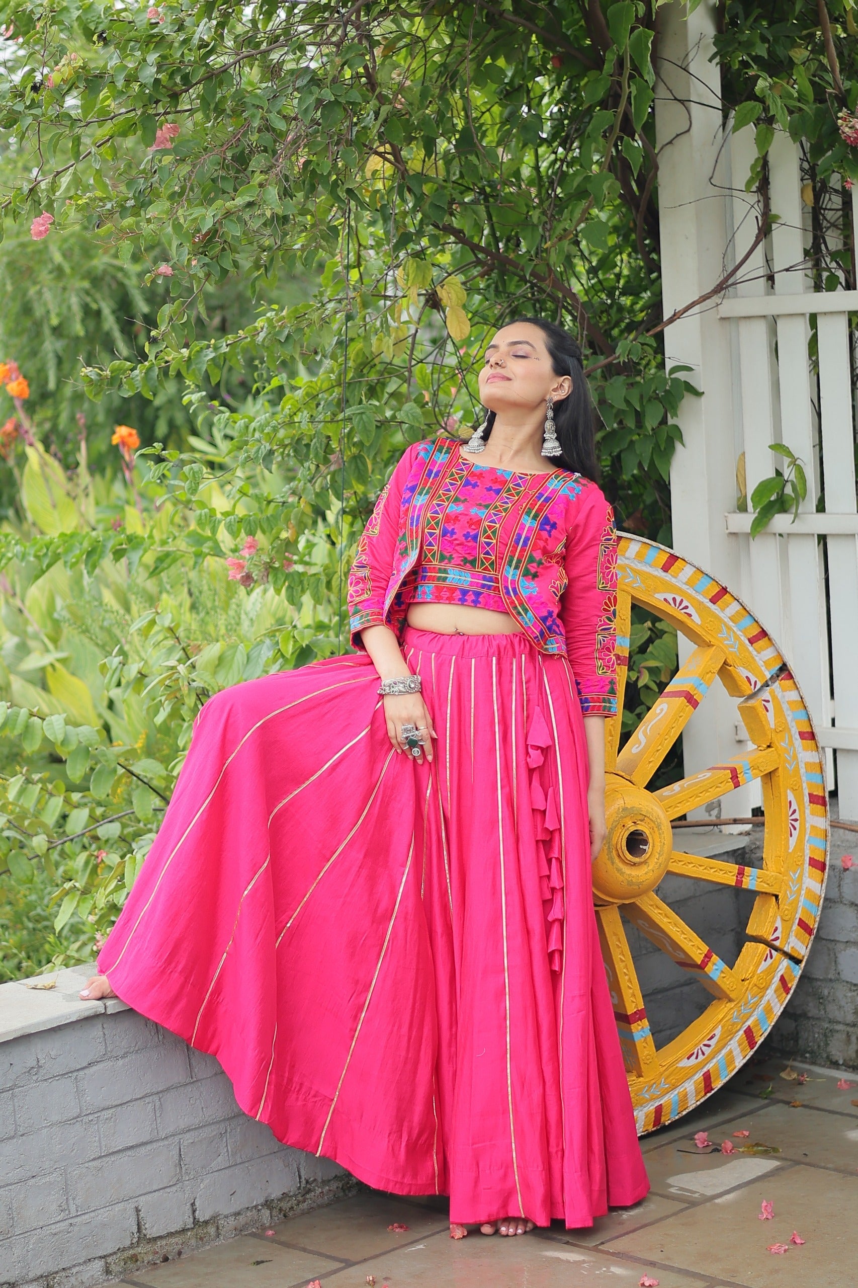 Prazu Fashion Pink Roman Silk Kutchi Gamthi Embroidered Work Lehenga For Navaratri