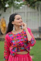 Prazu Fashion Pink Roman Silk Kutchi Gamthi Embroidered Work Lehenga For Navaratri
