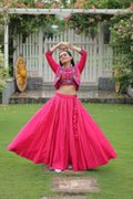 Prazu Fashion Pink Roman Silk Kutchi Gamthi Embroidered Work Lehenga For Navaratri