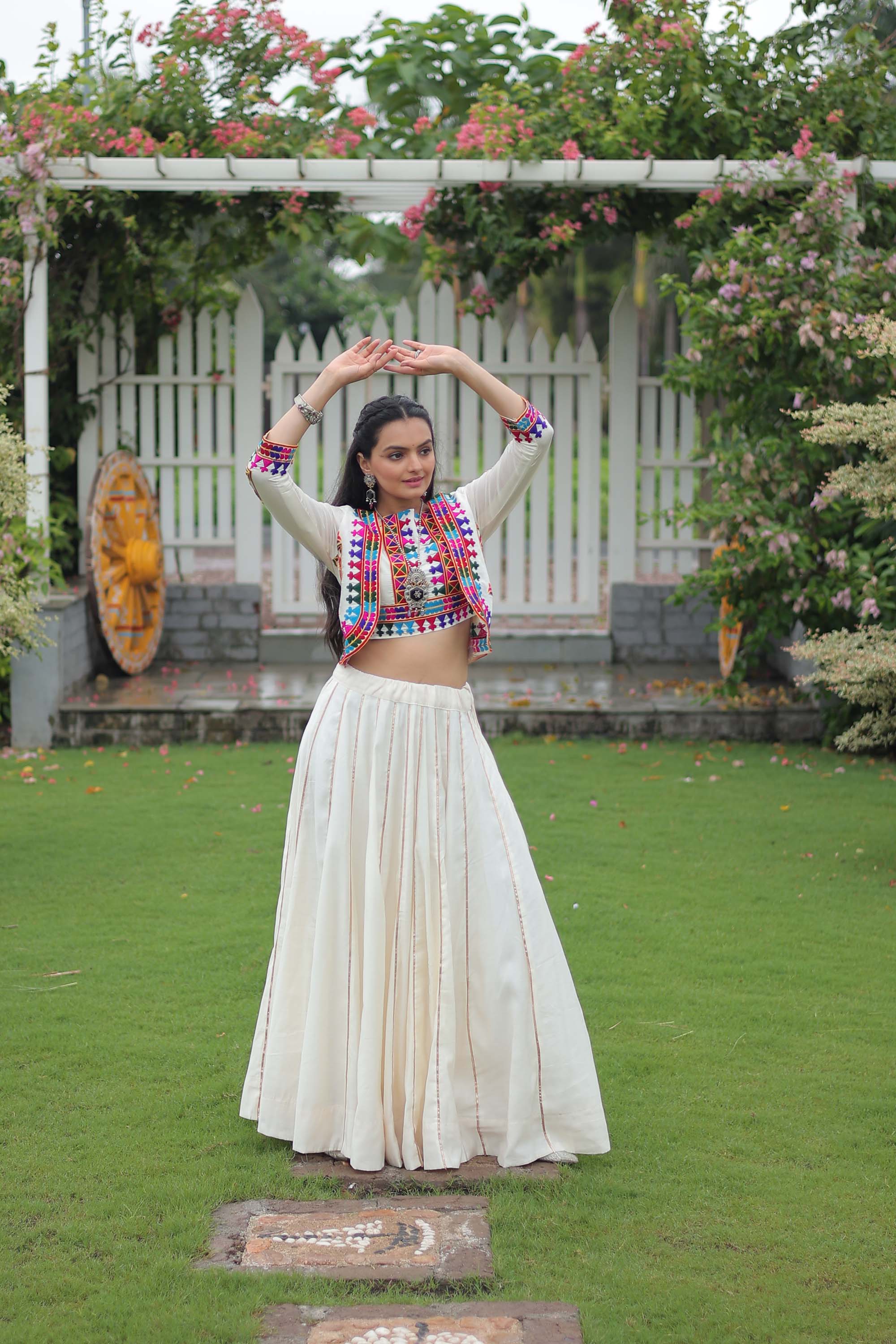 Lorenvalley Fashion White Roman Silk with Attractive Gota-Patti Lace Lehenga Choli