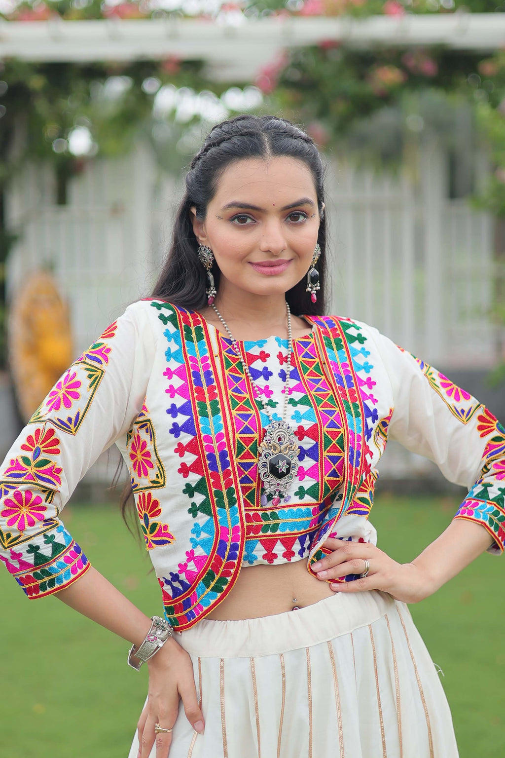 Lorenvalley Fashion White Roman Silk with Attractive Gota-Patti Lace Lehenga Choli