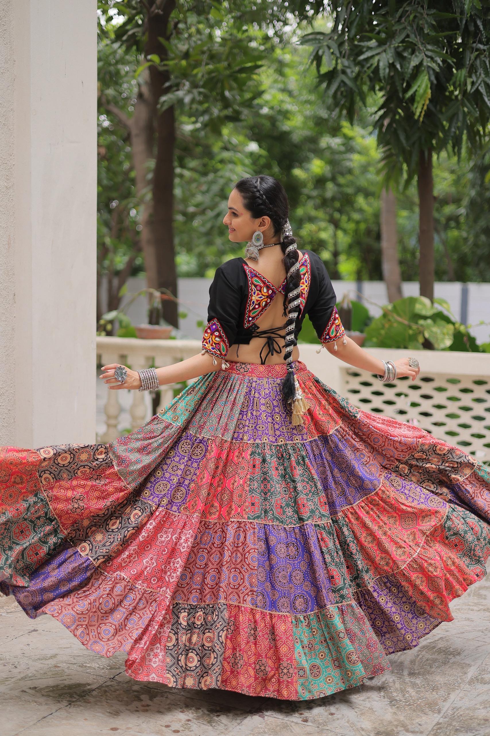 Prazu Fashion Black Kutchi Gamthi Embroidered Codi Lace Work Lehenga For Navratri