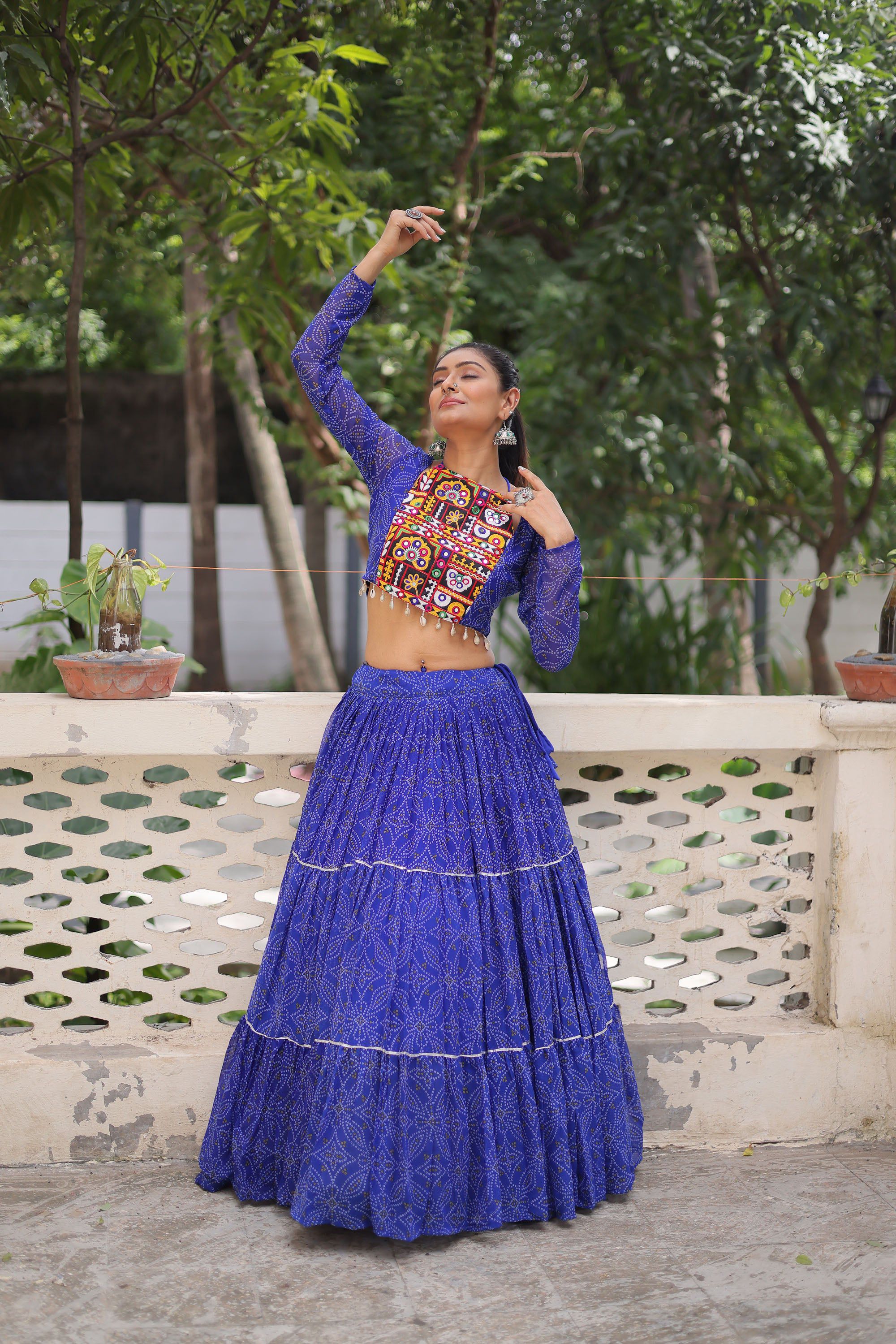 Lorenvalley Fashion Blue Faux Georgette Bandhej Print with Gotta Patti Lace Work Lehenga Choli