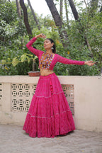 Lorenvalley Fashion Pink Faux Georgette Bandhej Print with Gotta Patti Lace Work Lehenga Choli
