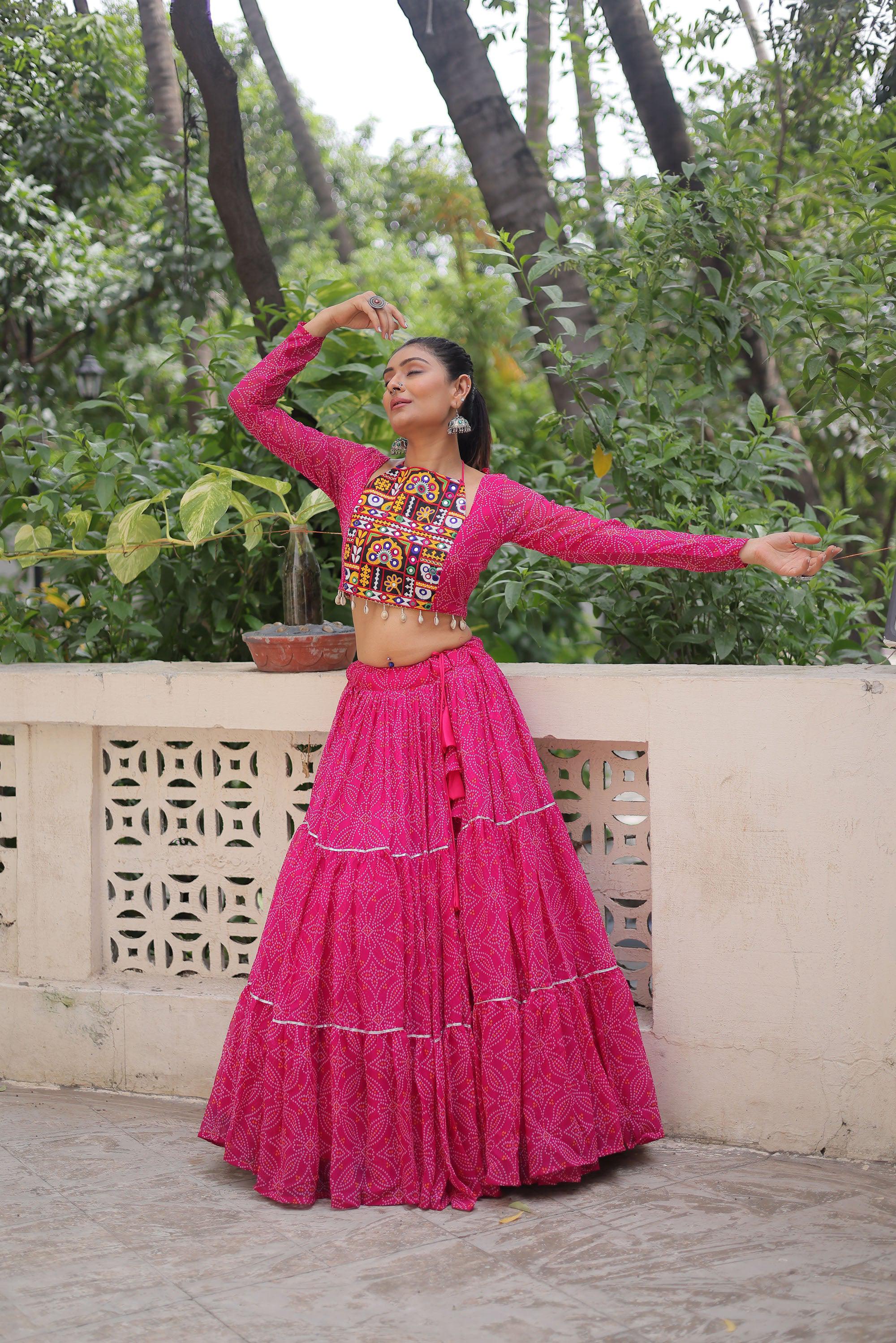 Lorenvalley Fashion Pink Faux Georgette Bandhej Print with Gotta Patti Lace Work Lehenga Choli