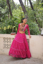 Lorenvalley Fashion Pink Faux Georgette Bandhej Print with Gotta Patti Lace Work Lehenga Choli