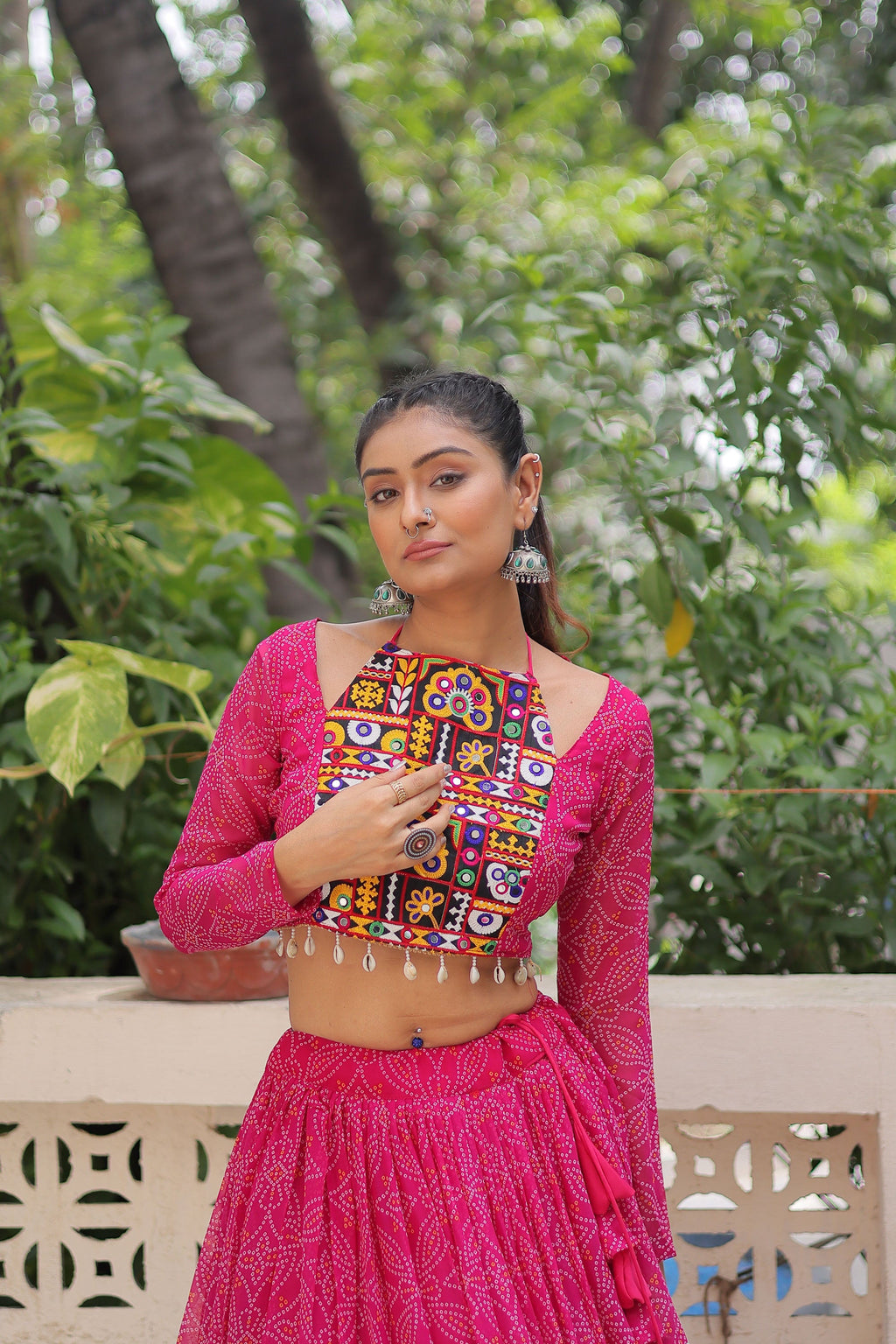 Lorenvalley Fashion Pink Faux Georgette Bandhej Print with Gotta Patti Lace Work Lehenga Choli