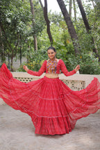 Lorenvalley Fashion Red Faux Georgette Bandhej Print with Gotta Patti Lace Work Lehenga Choli