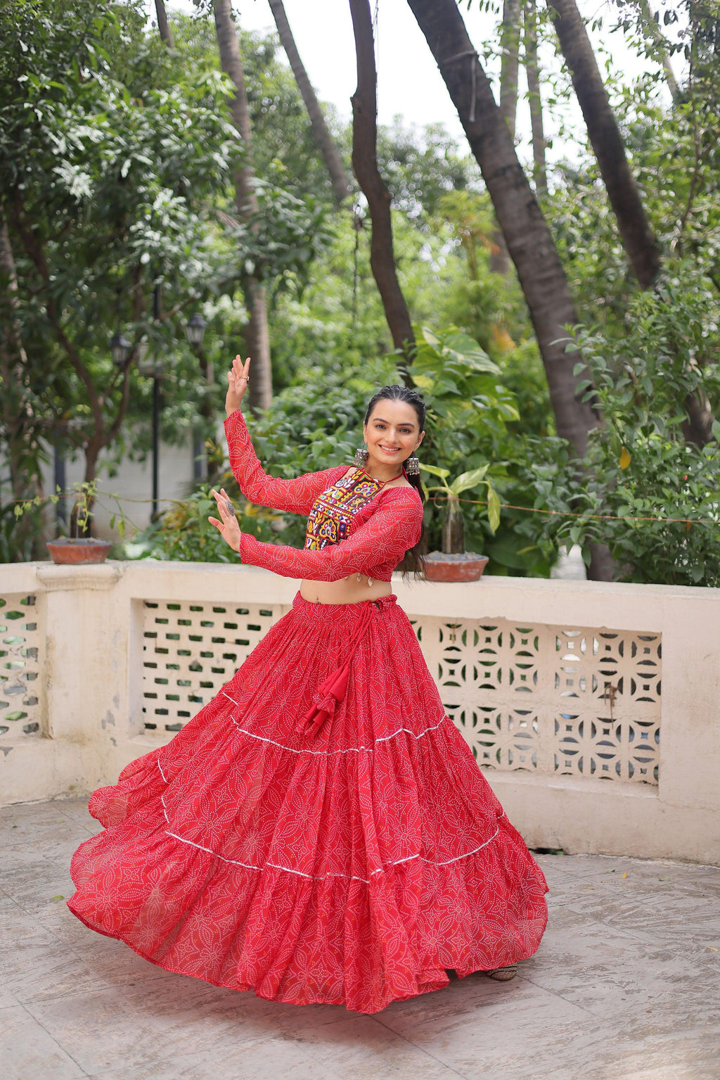 Lorenvalley Fashion Red Faux Georgette Bandhej Print with Gotta Patti Lace Work Lehenga Choli
