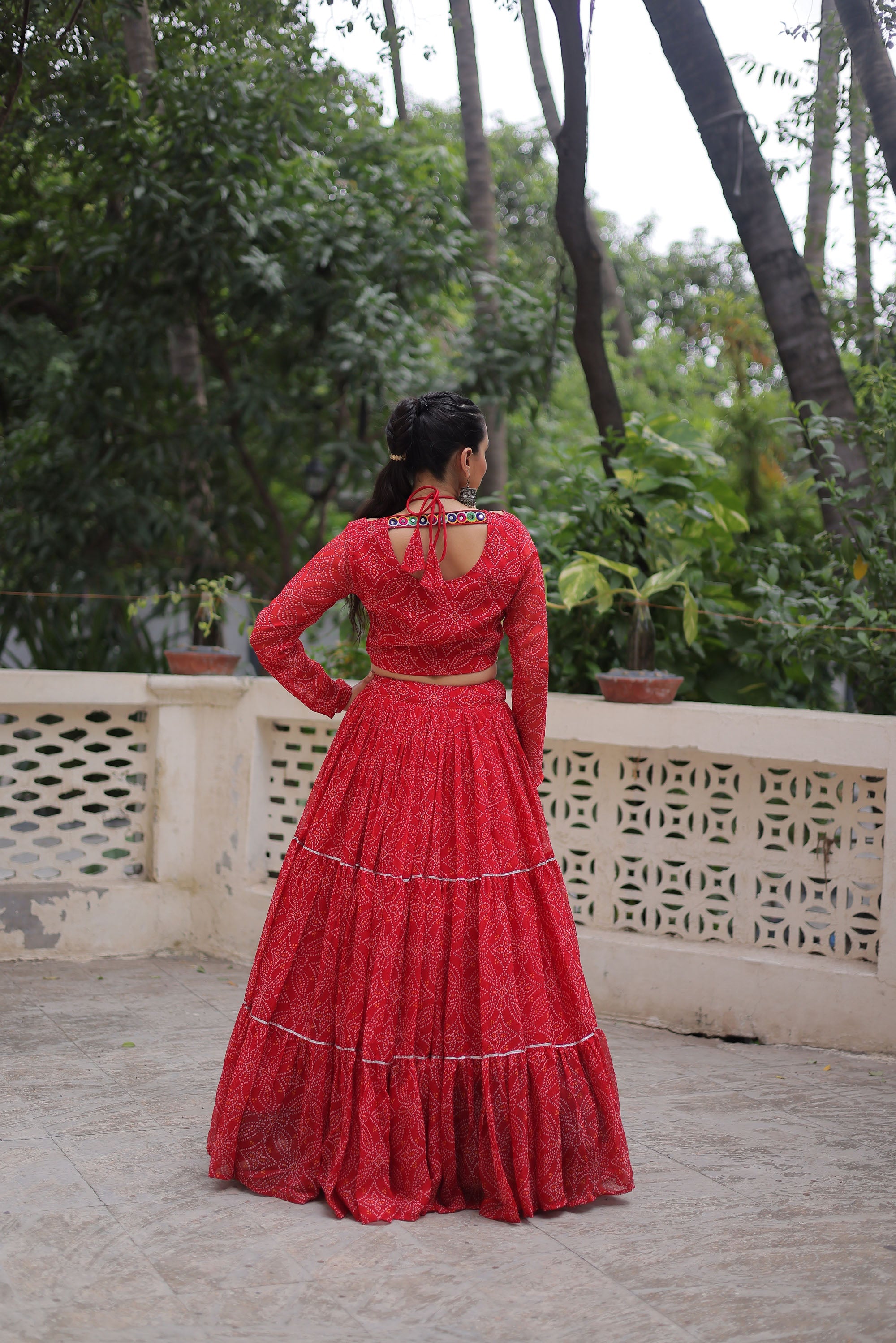 Lorenvalley Fashion Red Faux Georgette Bandhej Print with Gotta Patti Lace Work Lehenga Choli